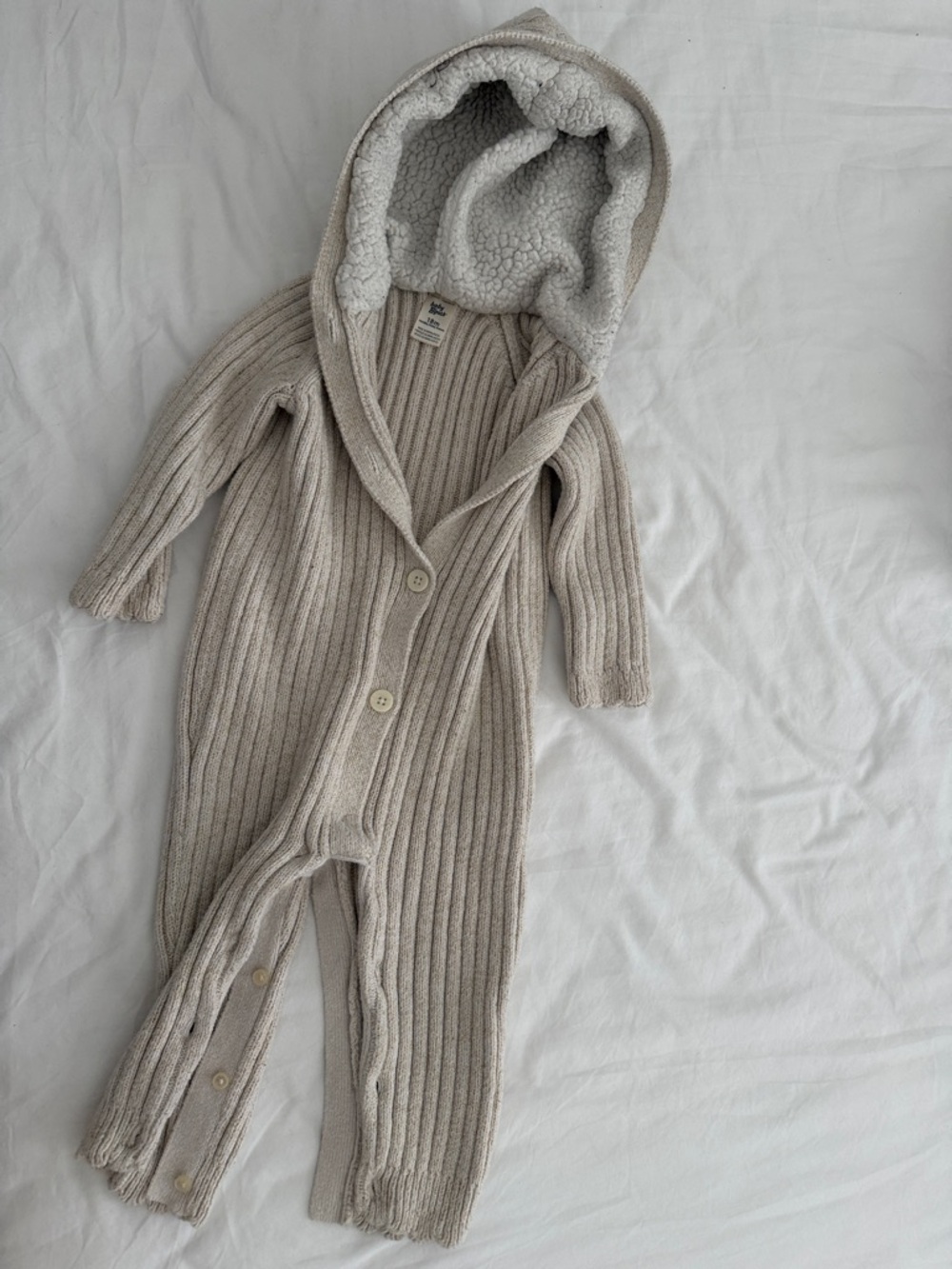 Kids Hooded Rib-Knit One-Piece in Light Beige baby 12-18months